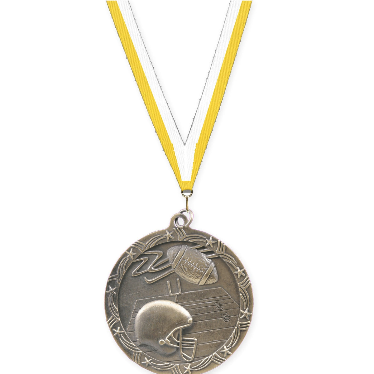 2 1/2 inch football Shooting Star medal in antique gold with Yellow White neck ribbon