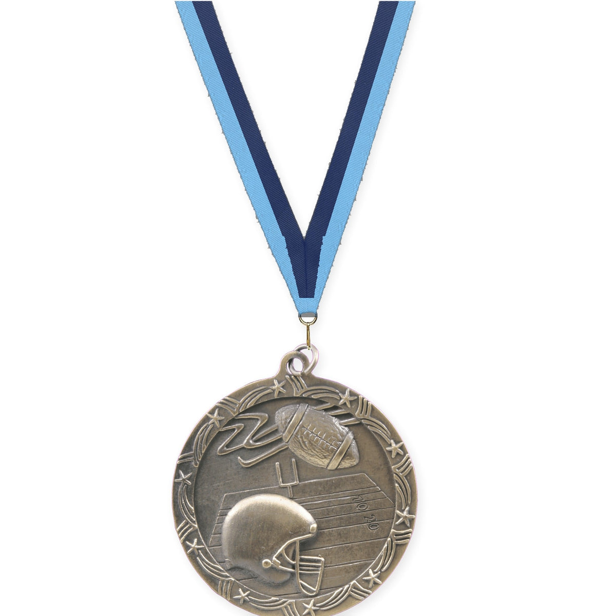 2 1/2 inch football Shooting Star medal in antique gold with Light Blue Navy neck ribbon
