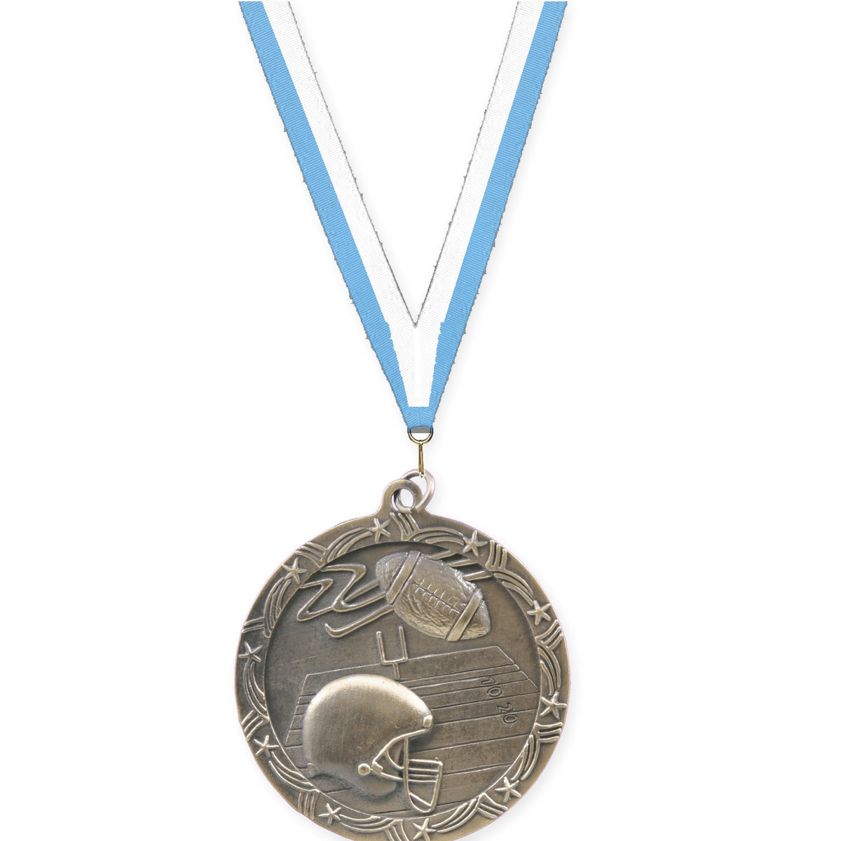 2 1/2 inch football Shooting Star medal in antique gold with Light Blue White neck ribbon
