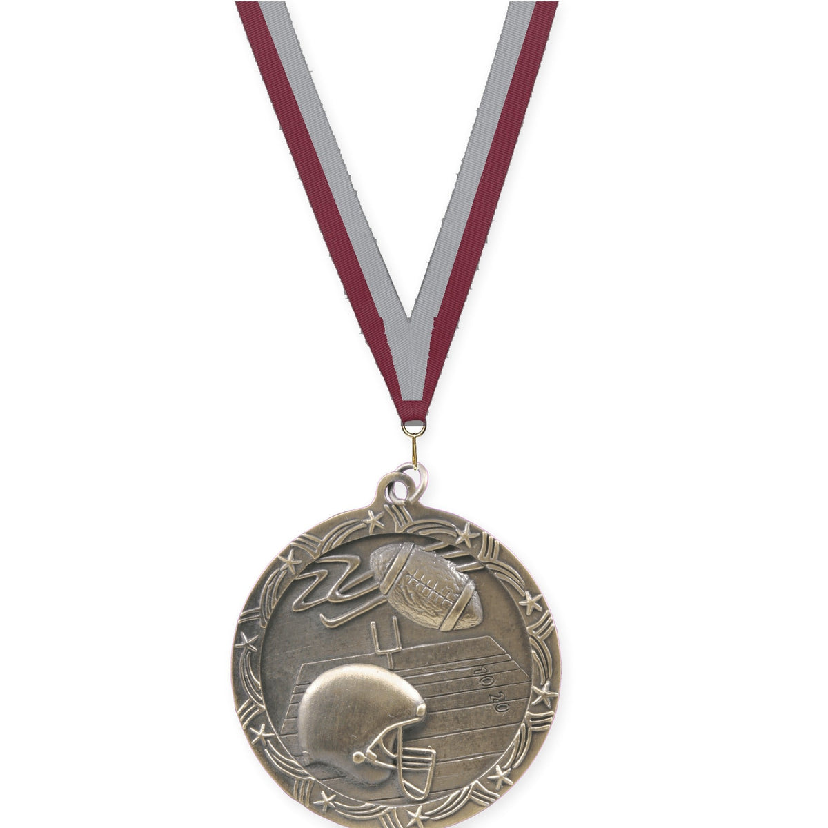 2 1/2 inch football Shooting Star medal in antique gold with Maroon Gray neck ribbon