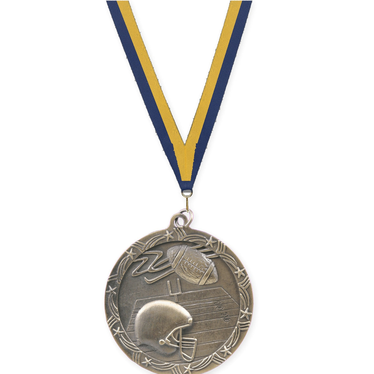 2 1/2 inch football Shooting Star medal in antique gold with Navy Gold neck ribbon