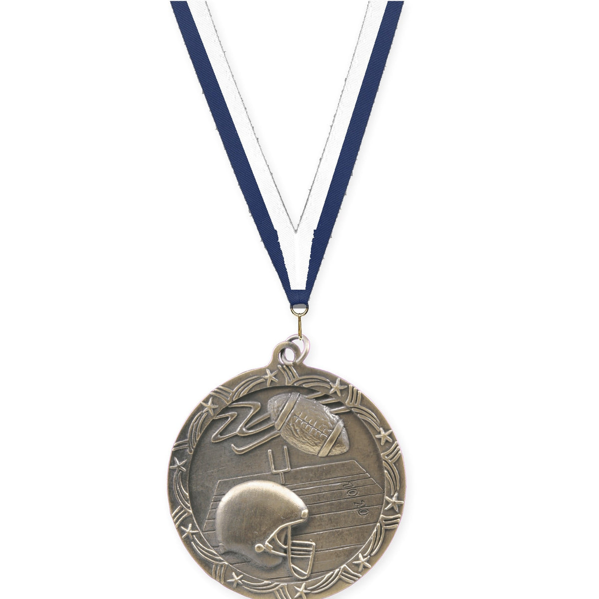 2 1/2 inch football Shooting Star medal in antique gold with Navy White neck ribbon