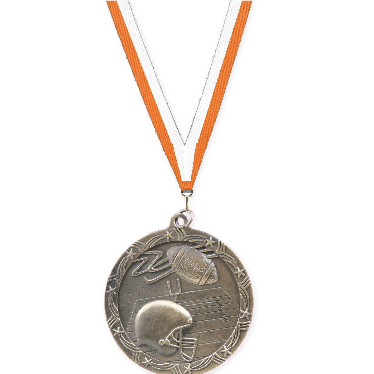 2 1/2 inch football Shooting Star medal in antique gold with Orange White neck ribbon