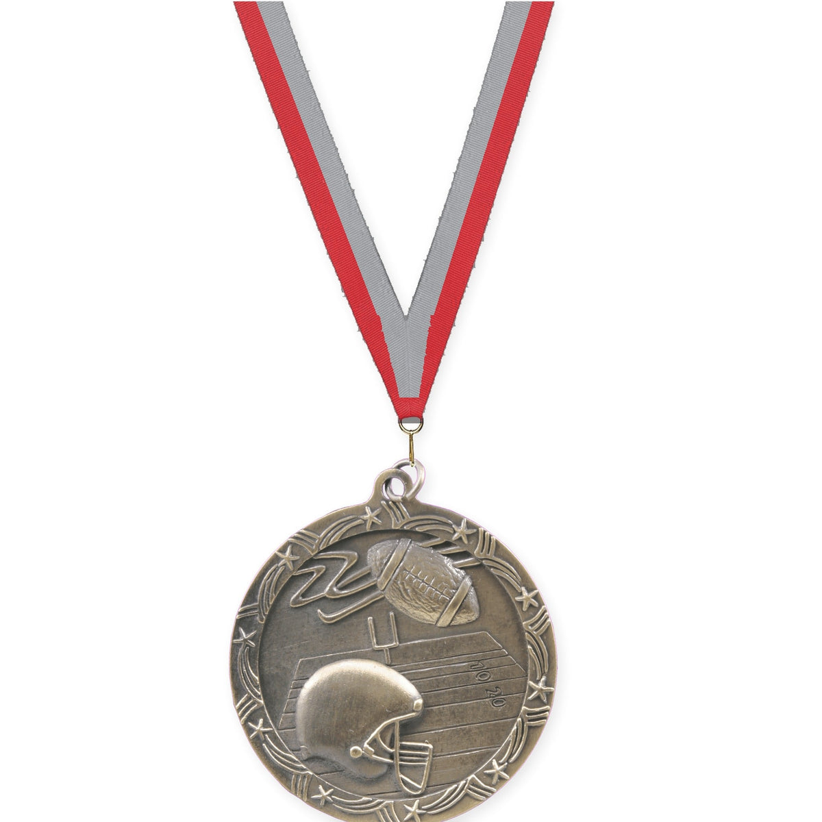 2 1/2 inch football Shooting Star medal in antique gold with Red Gray neck ribbon