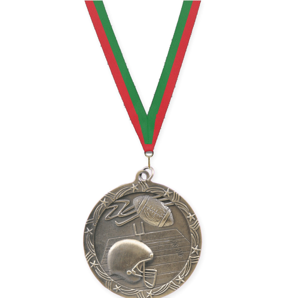 2 1/2 inch football Shooting Star medal in antique gold with Red Green neck ribbon
