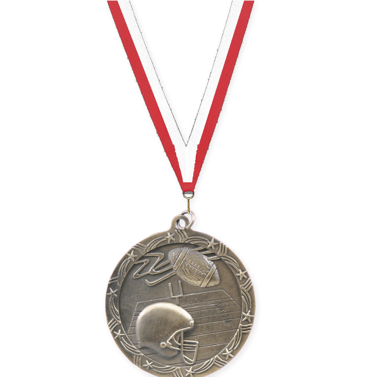 2 1/2 inch football Shooting Star medal in antique gold with Red White neck ribbon