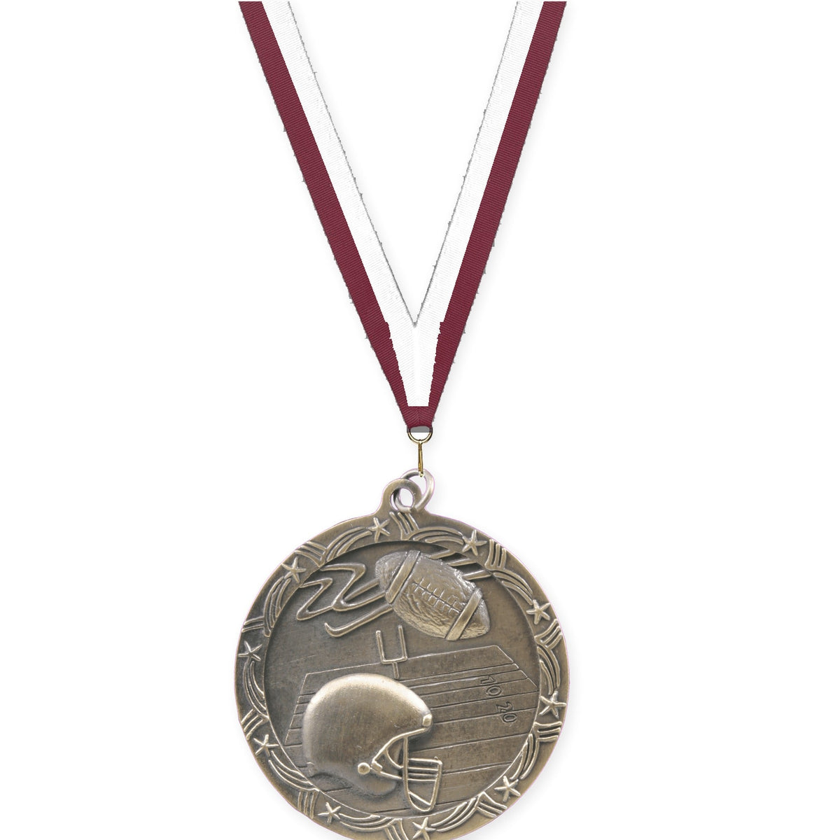 2 1/2 inch football Shooting Star medal in antique gold with Maroon White neck ribbon