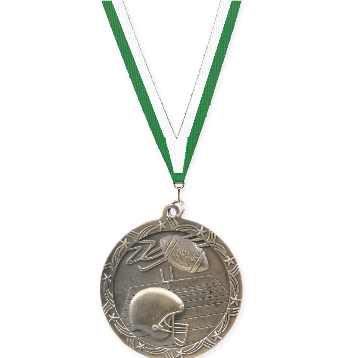 2 1/2 inch football Shooting Star medal in antique gold with Green White neck ribbon