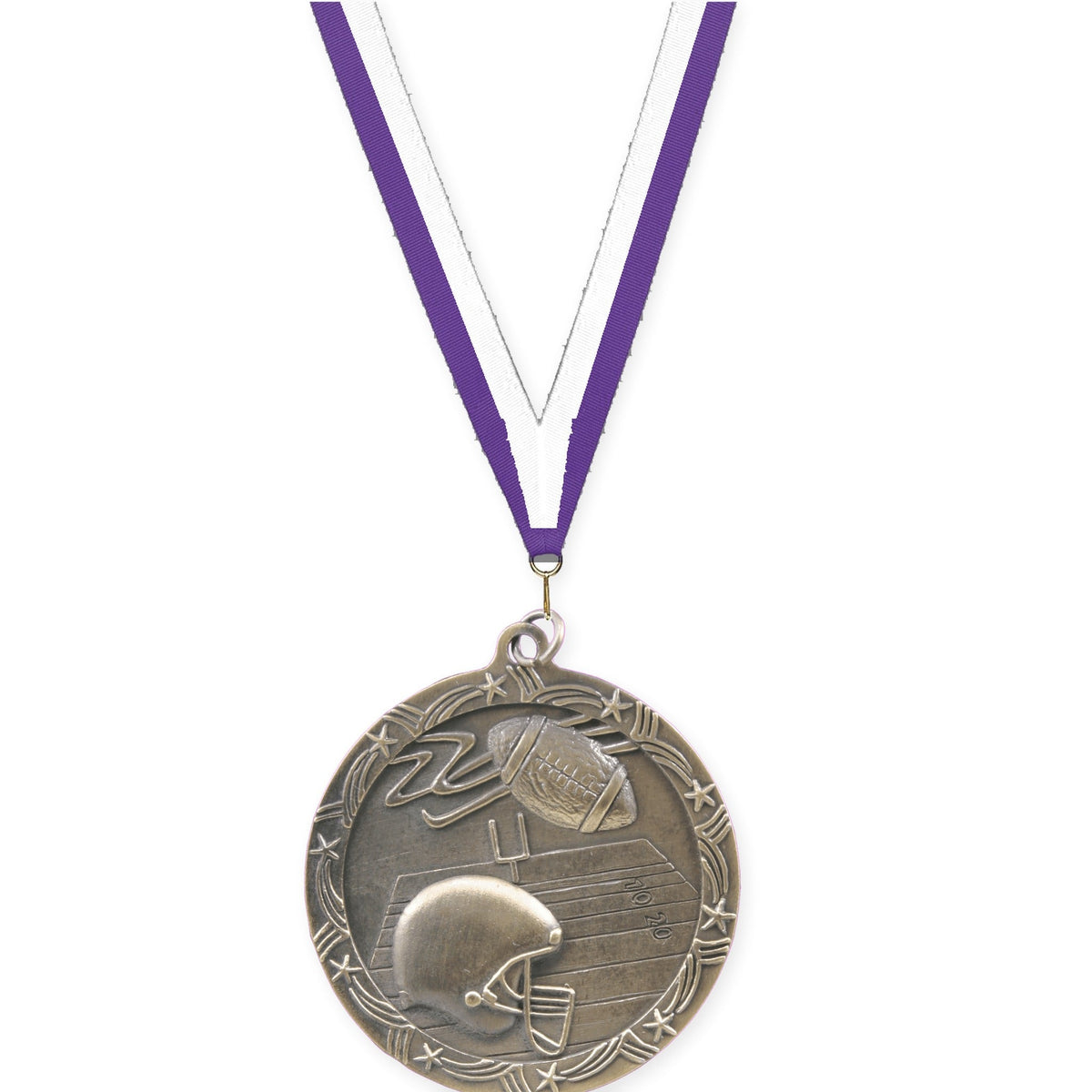 2 1/2 inch football Shooting Star medal in antique gold with Purple White neck ribbon