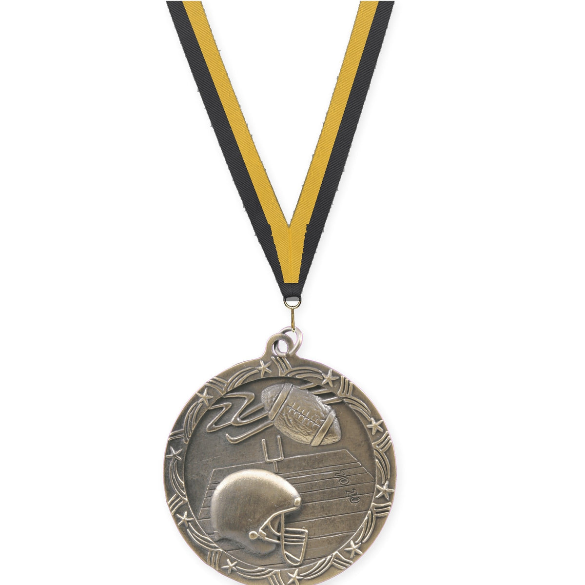 2 1/2 inch football Shooting Star medal in antique gold with Black Gold neck ribbon