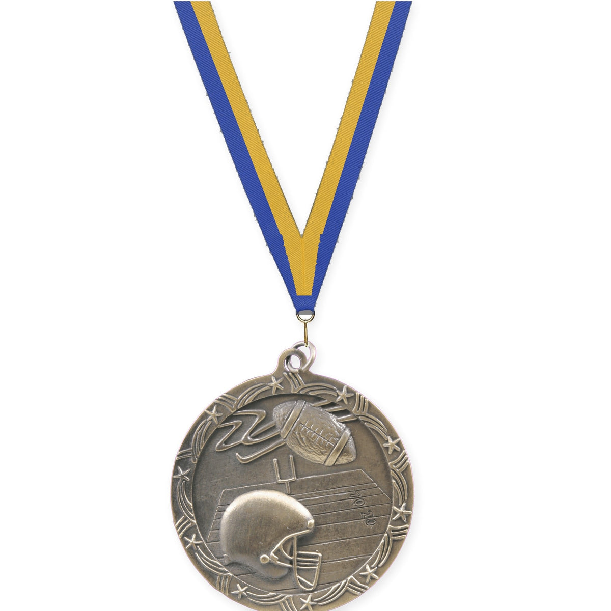 2 1/2 inch football Shooting Star medal in antique gold with Blue Gold neck ribbon