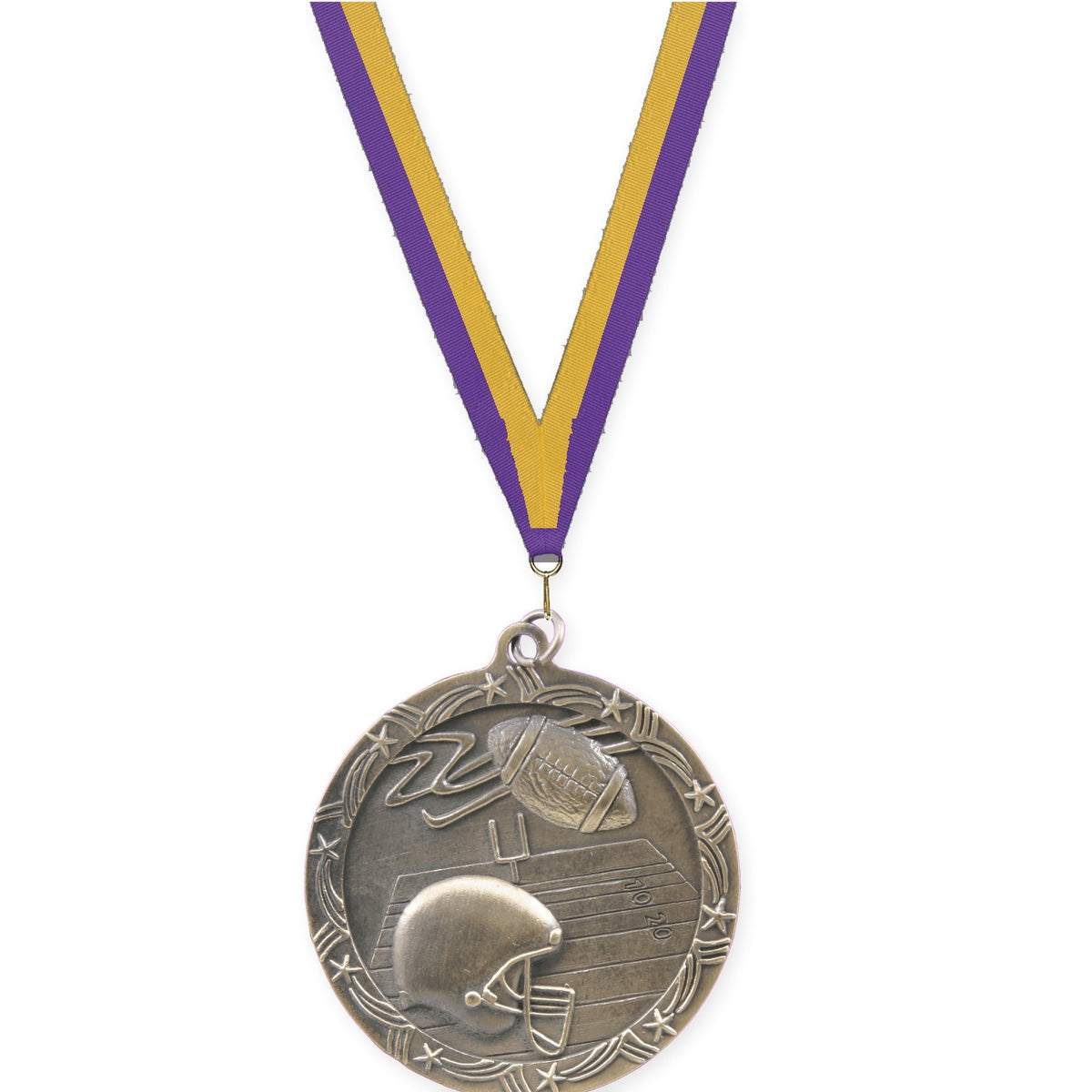 2 1/2 inch football Shooting Star medal in antique gold with Purple Gold neck ribbon