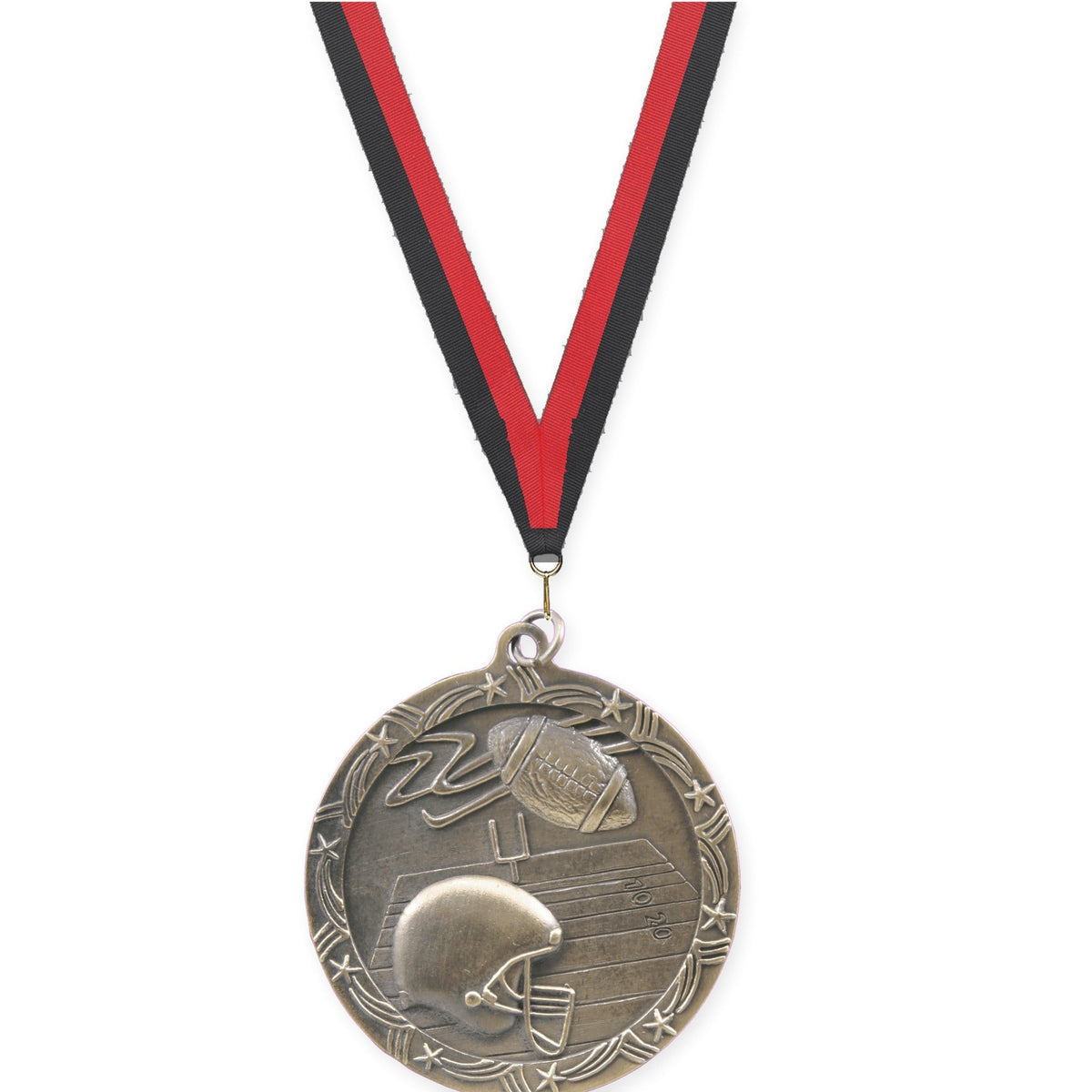 2 1/2 inch football Shooting Star medal in antique gold with Black Red neck ribbon
