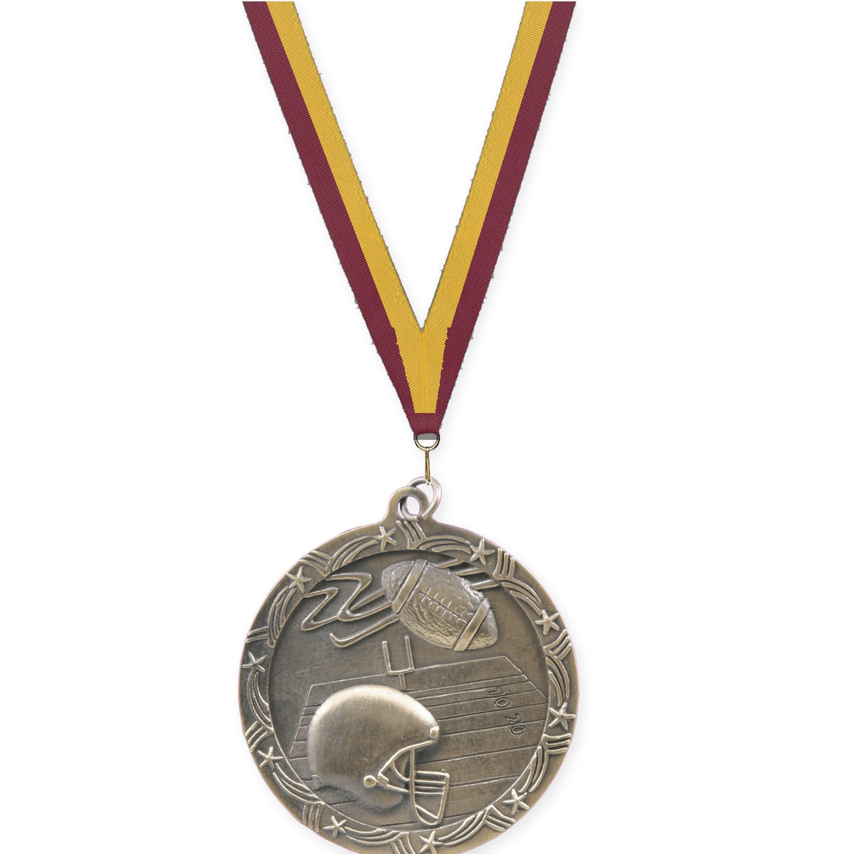 2 1/2 inch football Shooting Star medal in antique gold with Maroon Gold neck ribbon