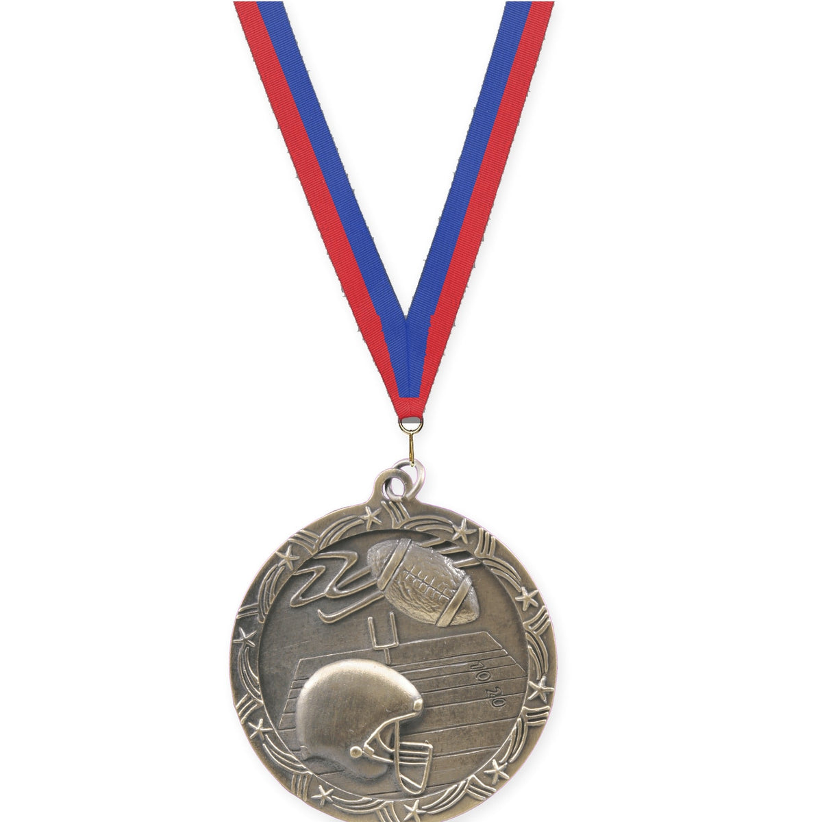 2 1/2 inch football Shooting Star medal in antique gold with Blue Red neck ribbon