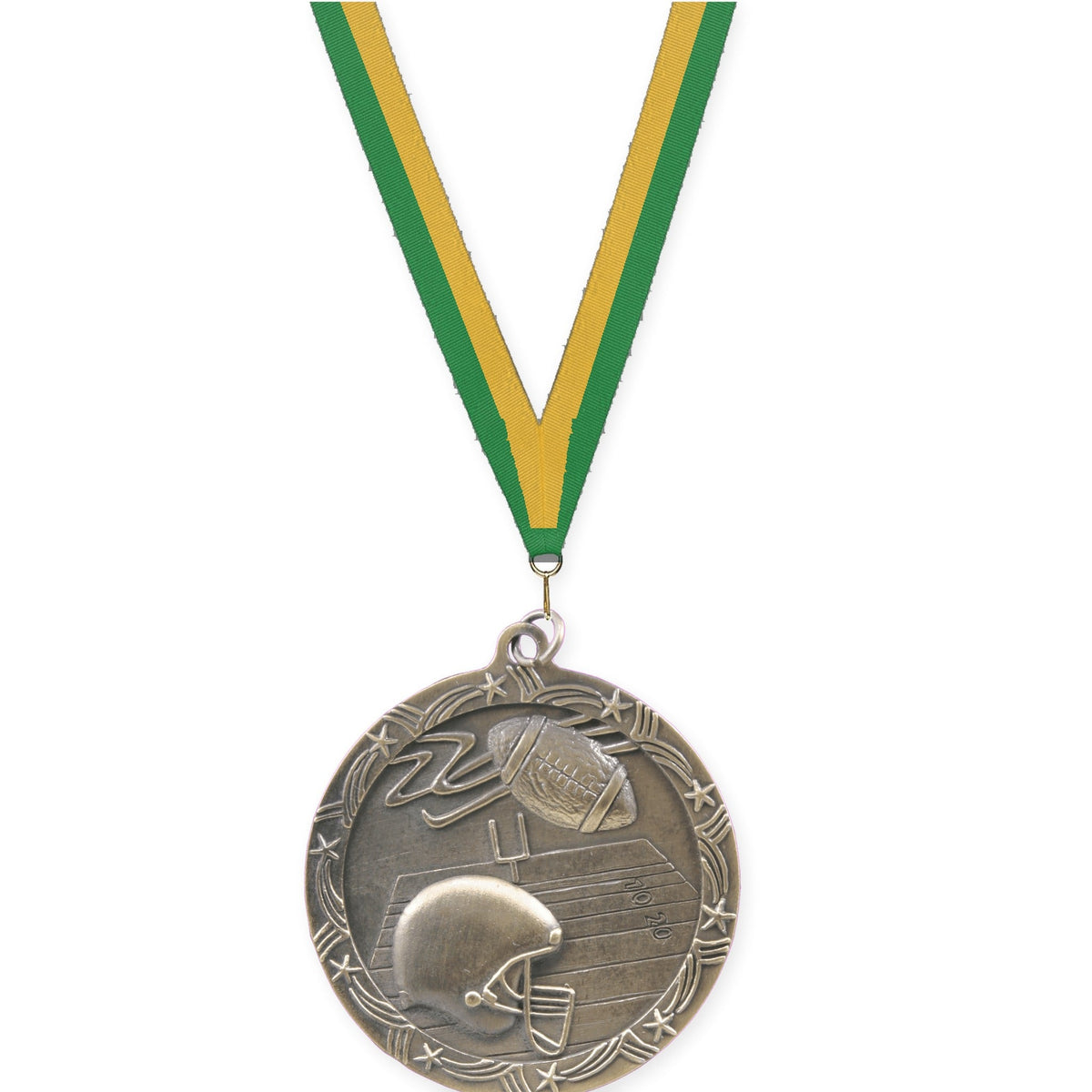 2 1/2 inch football Shooting Star medal in antique gold with Green Gold neck ribbon
