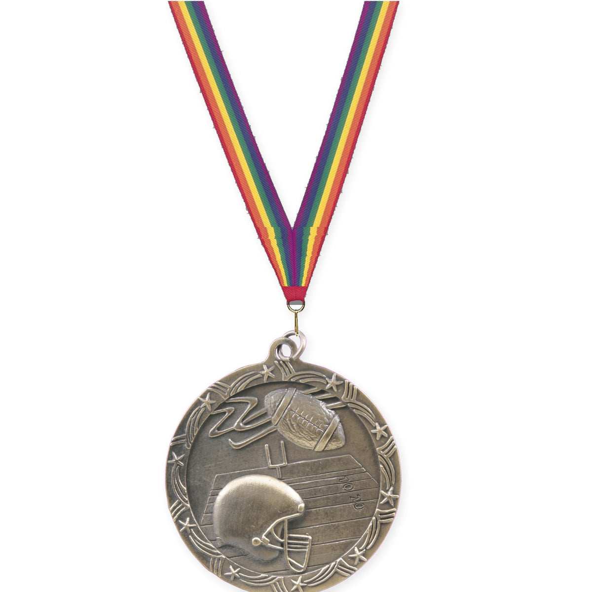 2 1/2 inch football Shooting Star medal in antique gold with Rainbow neck ribbon