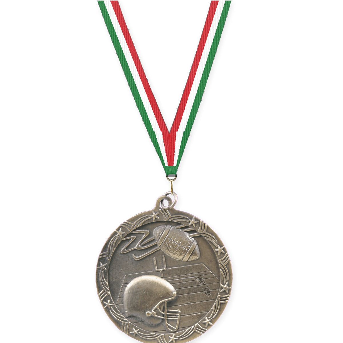 2 1/2 inch football Shooting Star medal in antique gold with Green White Red neck ribbon
