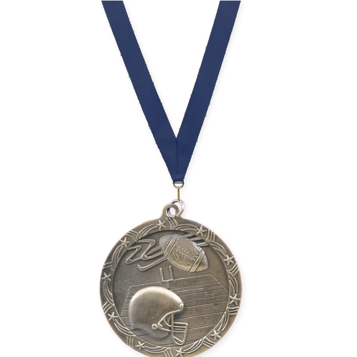 2 1/2 inch football Shooting Star medal in antique gold with Navy neck ribbon