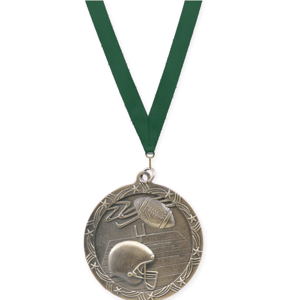 2 1/2 inch football Shooting Star medal in antique gold with Hunter Green neck ribbon