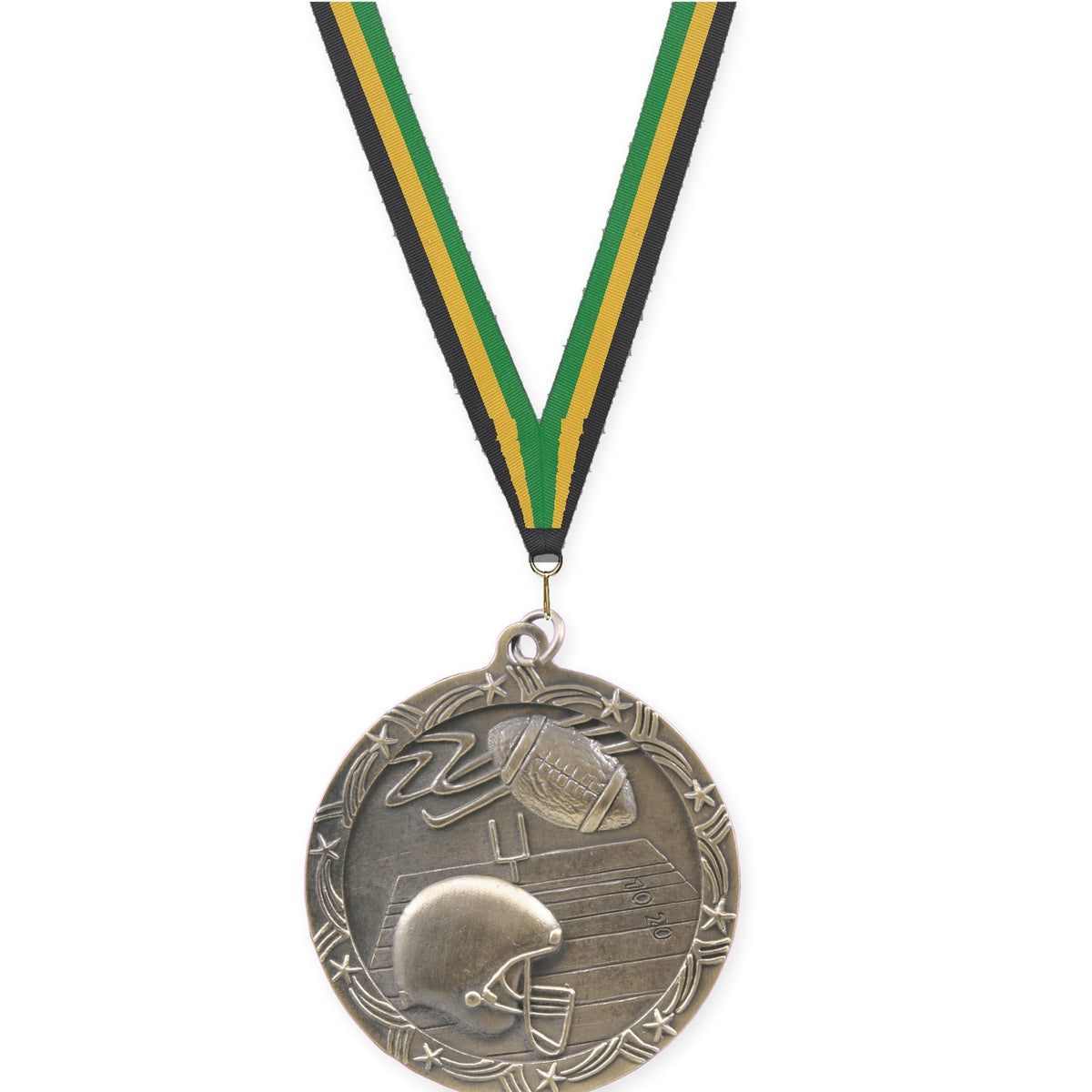 2 1/2 inch football Shooting Star medal in antique gold with Black Gold Green neck ribbon