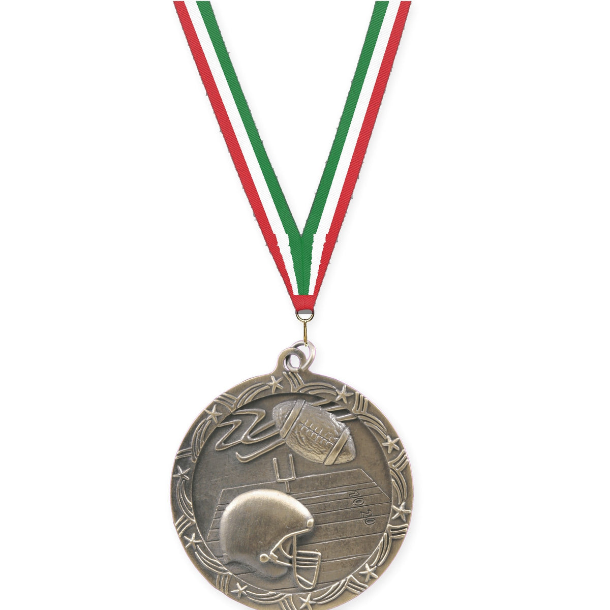 2 1/2 inch football Shooting Star medal in antique gold with Red White Green neck ribbon