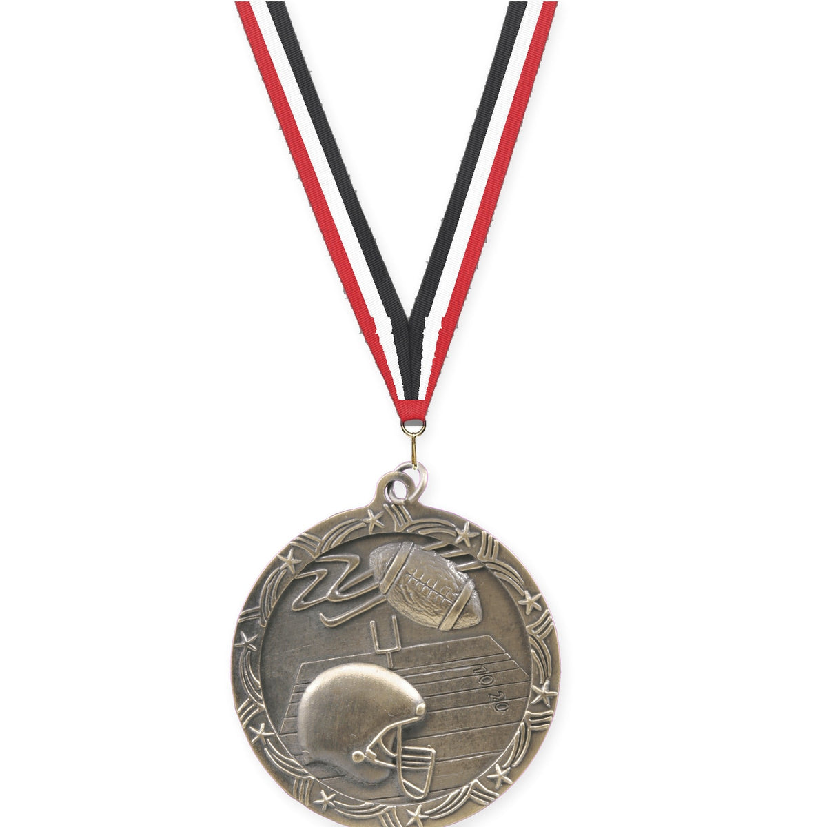 2 1/2 inch football Shooting Star medal in antique gold with Red White Black neck ribbon