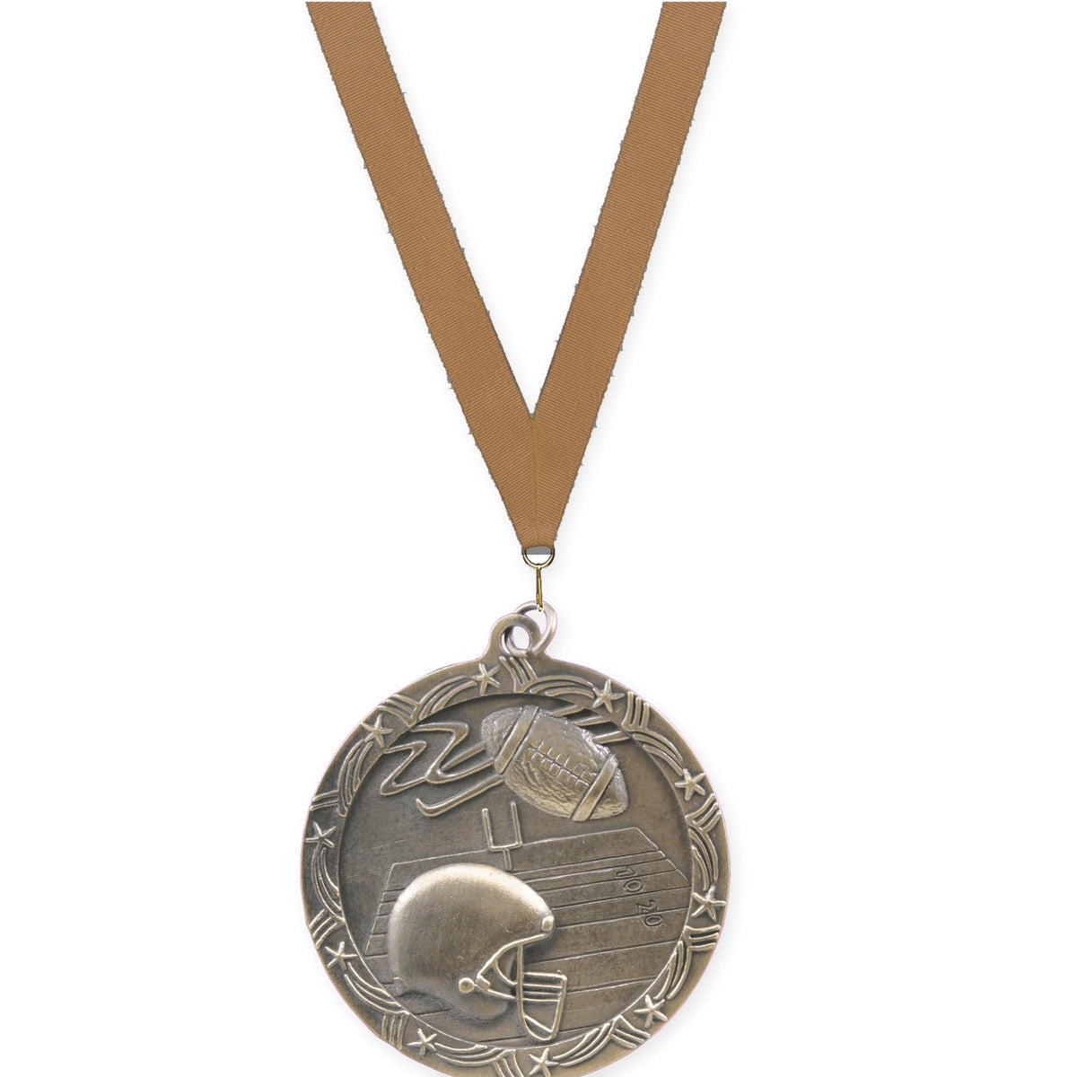 2 1/2 inch football Shooting Star medal in antique gold with Bronze Metallic neck ribbon