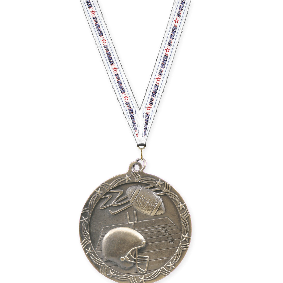 2 1/2 inch football Shooting Star medal in antique gold with 3rd Place neck ribbon