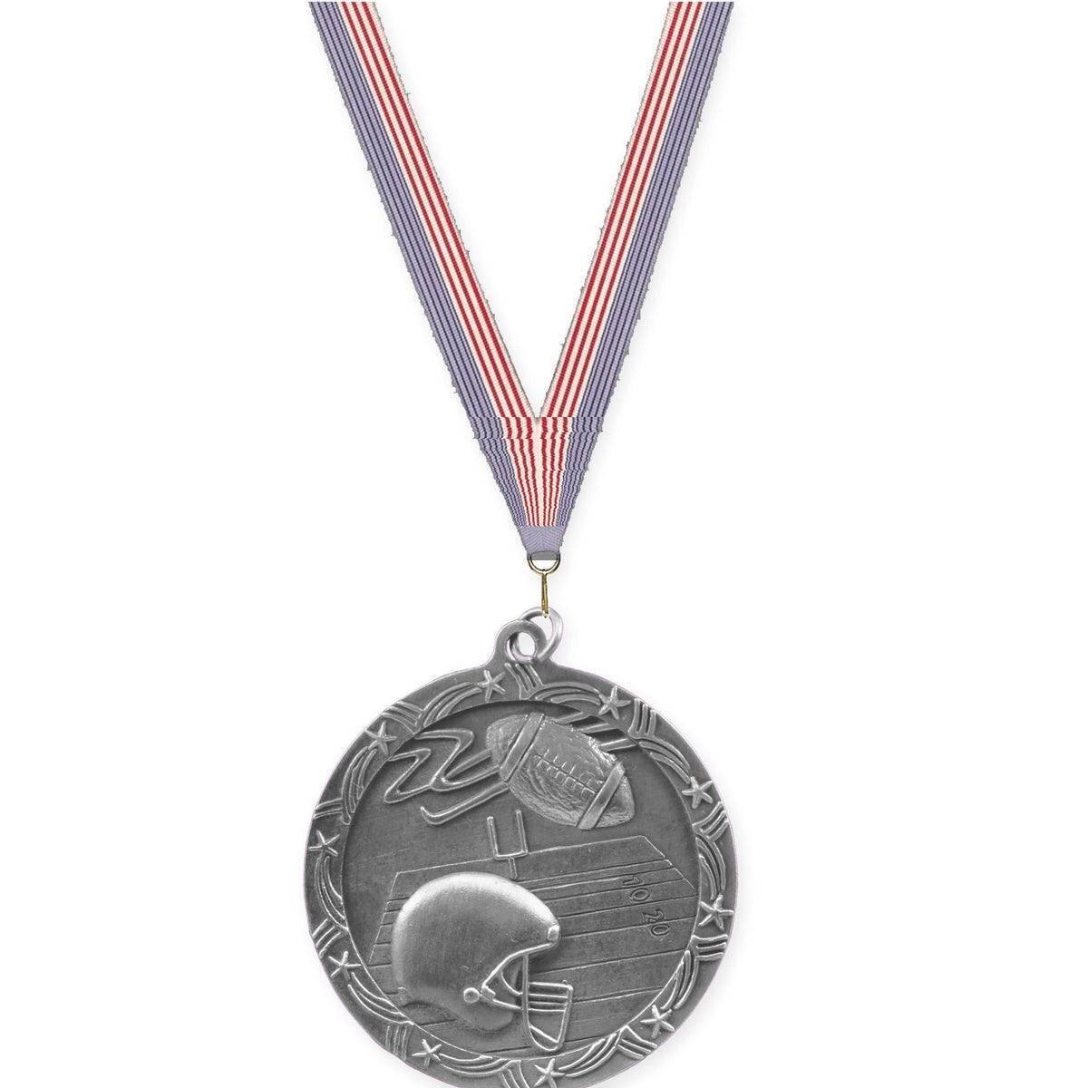 2 1/2 inch football Shooting Star medal in antique silver with USA Flag neck ribbon