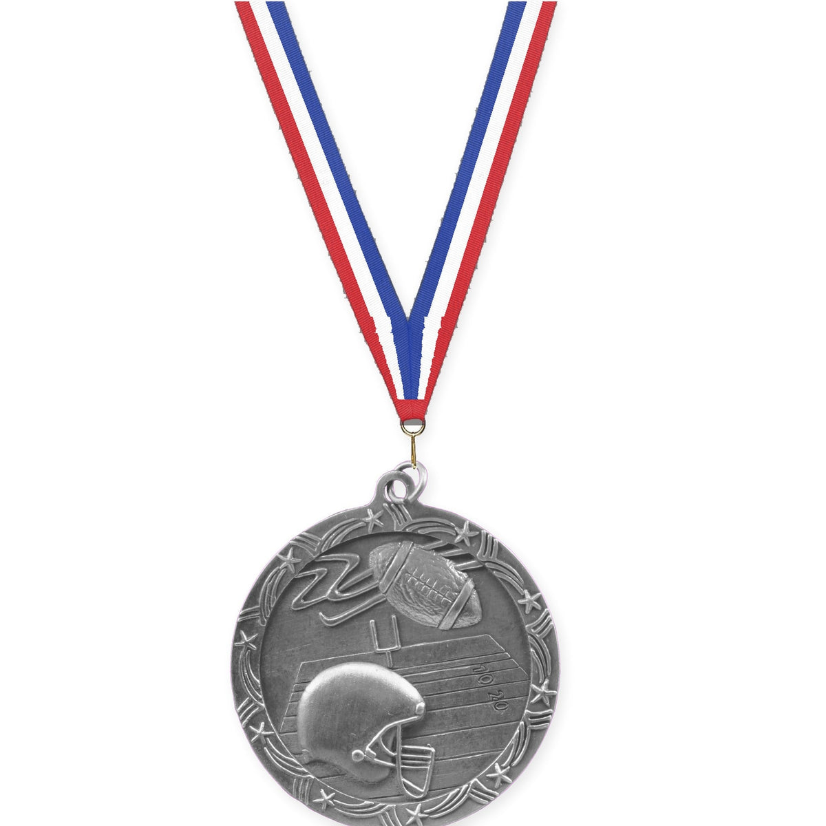 2 1/2 inch football Shooting Star medal in antique silver with Red White Blue neck ribbon