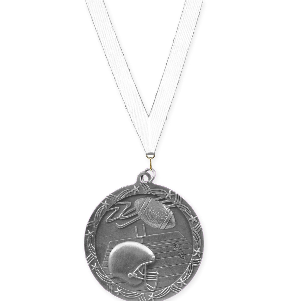 2 1/2 inch football Shooting Star medal in antique silver with White neck ribbon