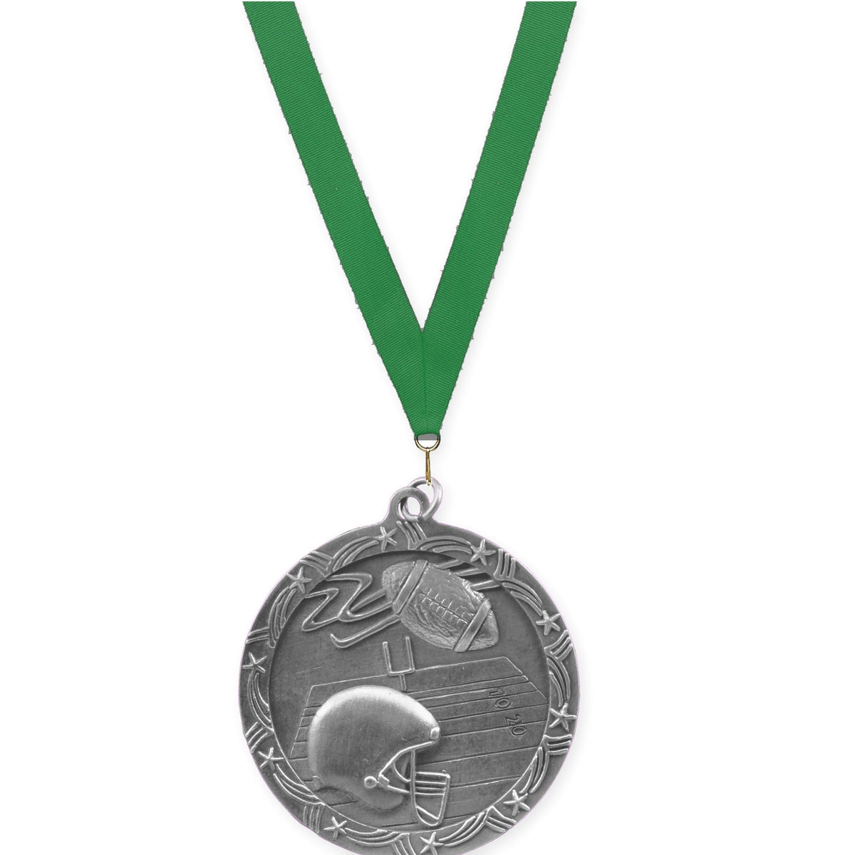 2 1/2 inch football Shooting Star medal in antique silver with Green neck ribbon