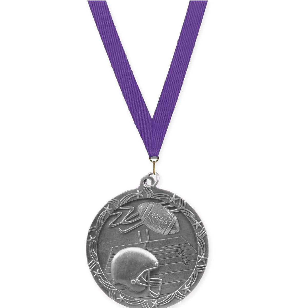 2 1/2 inch football Shooting Star medal in antique silver with Purple neck ribbon