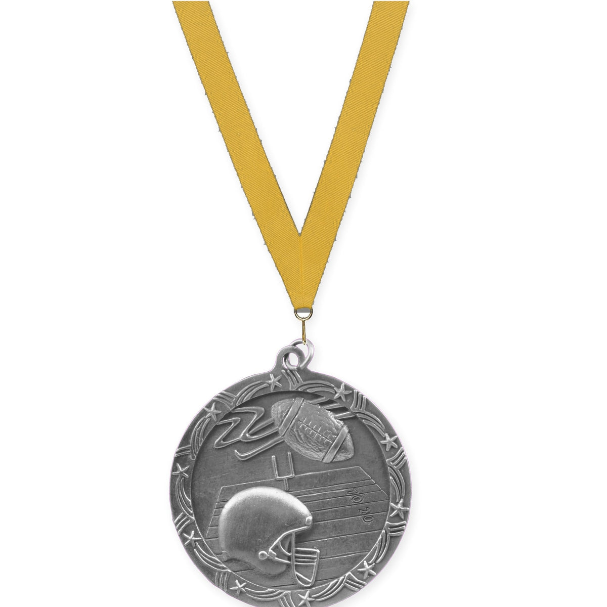 2 1/2 inch football Shooting Star medal in antique silver with Gold neck ribbon
