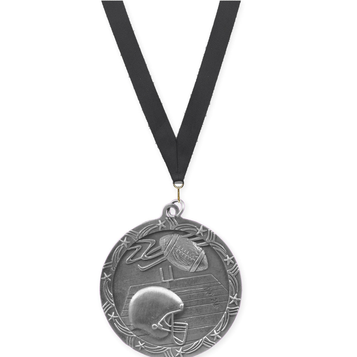 2 1/2 inch football Shooting Star medal in antique silver with Black neck ribbon
