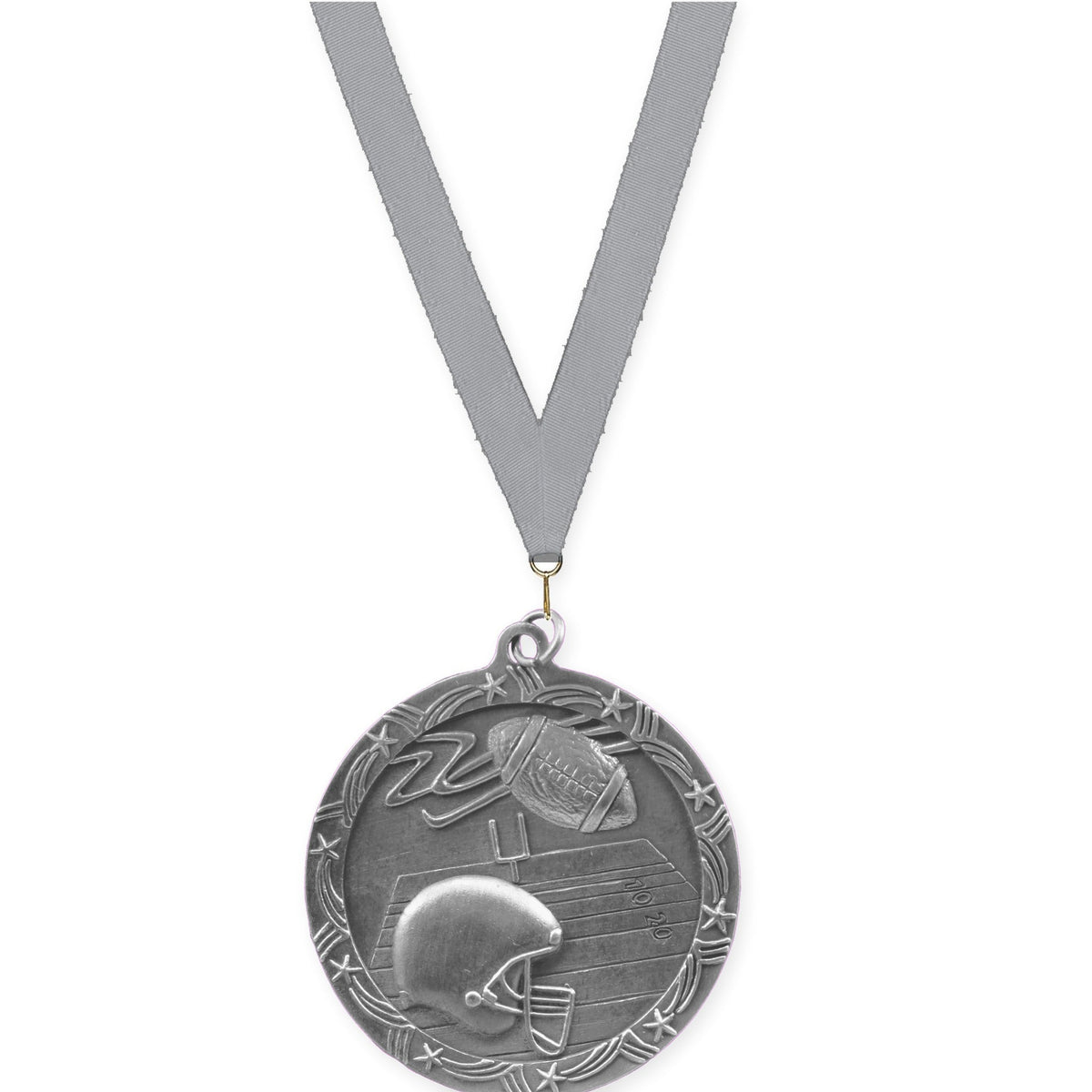 2 1/2 inch football Shooting Star medal in antique silver with Gray neck ribbon