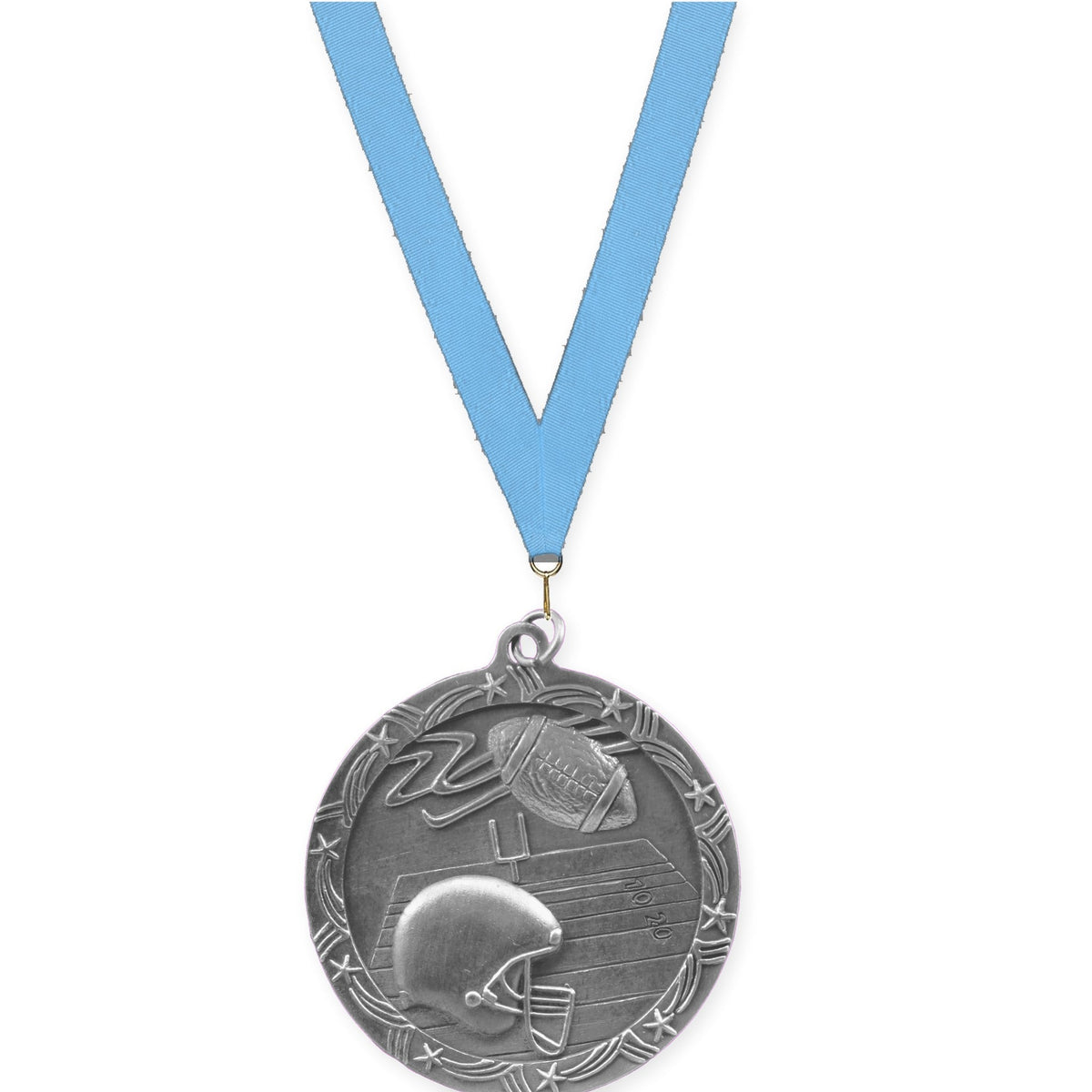2 1/2 inch football Shooting Star medal in antique silver with Light Blue neck ribbon