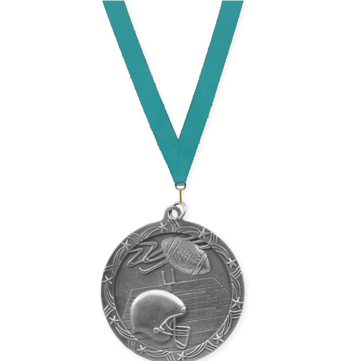2 1/2 inch football Shooting Star medal in antique silver with Teal neck ribbon
