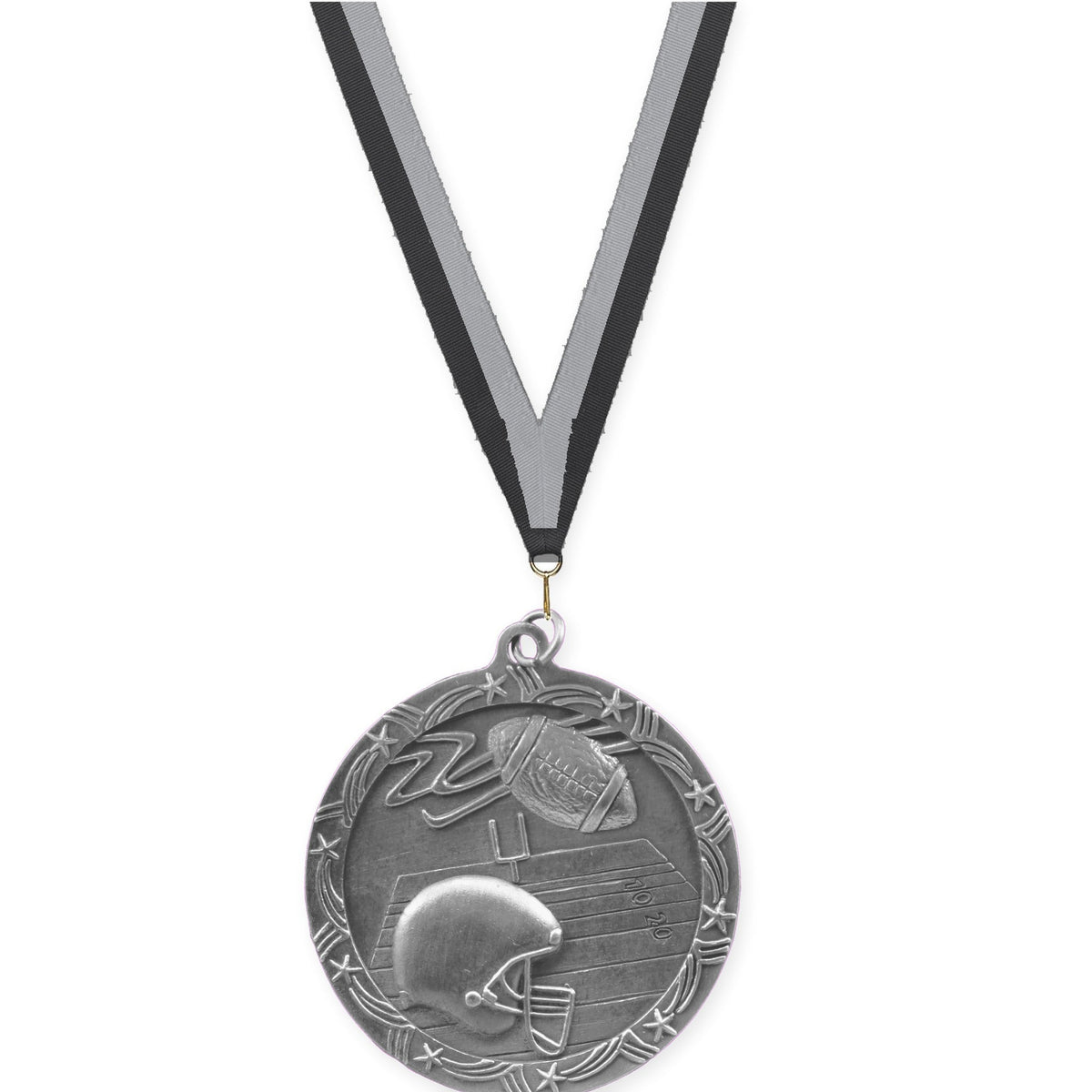 2 1/2 inch football Shooting Star medal in antique silver with Black Gray neck ribbon