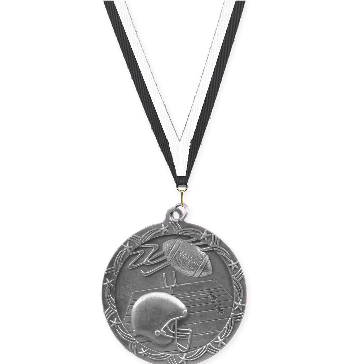 2 1/2 inch football Shooting Star medal in antique silver with Black White neck ribbon