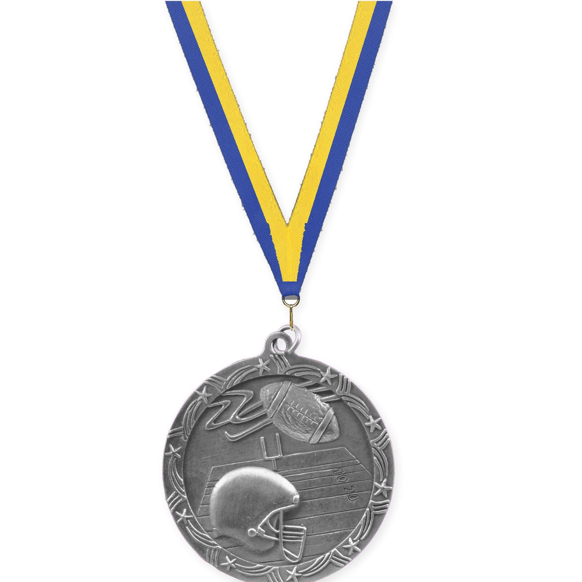2 1/2 inch football Shooting Star medal in antique silver with Blue Yellow neck ribbon
