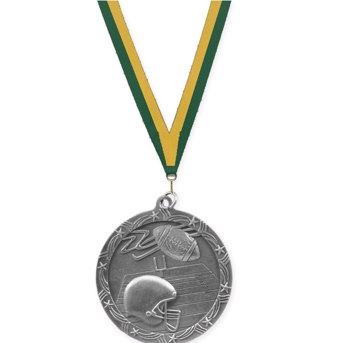 2 1/2 inch football Shooting Star medal in antique silver with Hunter Green Gold neck ribbon
