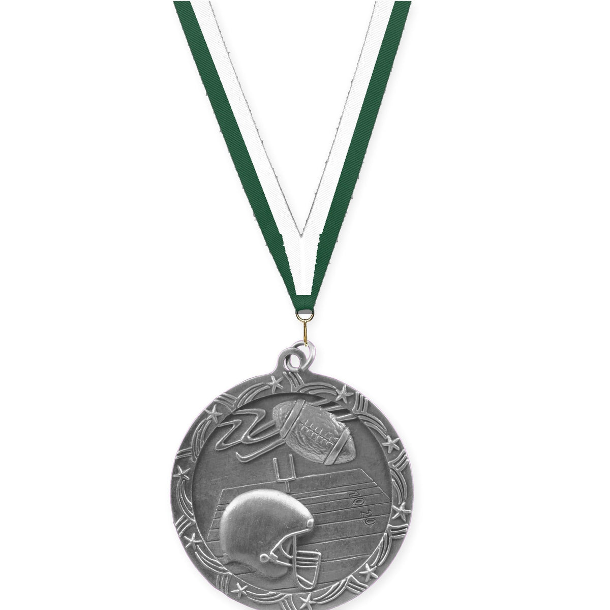 2 1/2 inch football Shooting Star medal in antique silver with Hunter Green White neck ribbon