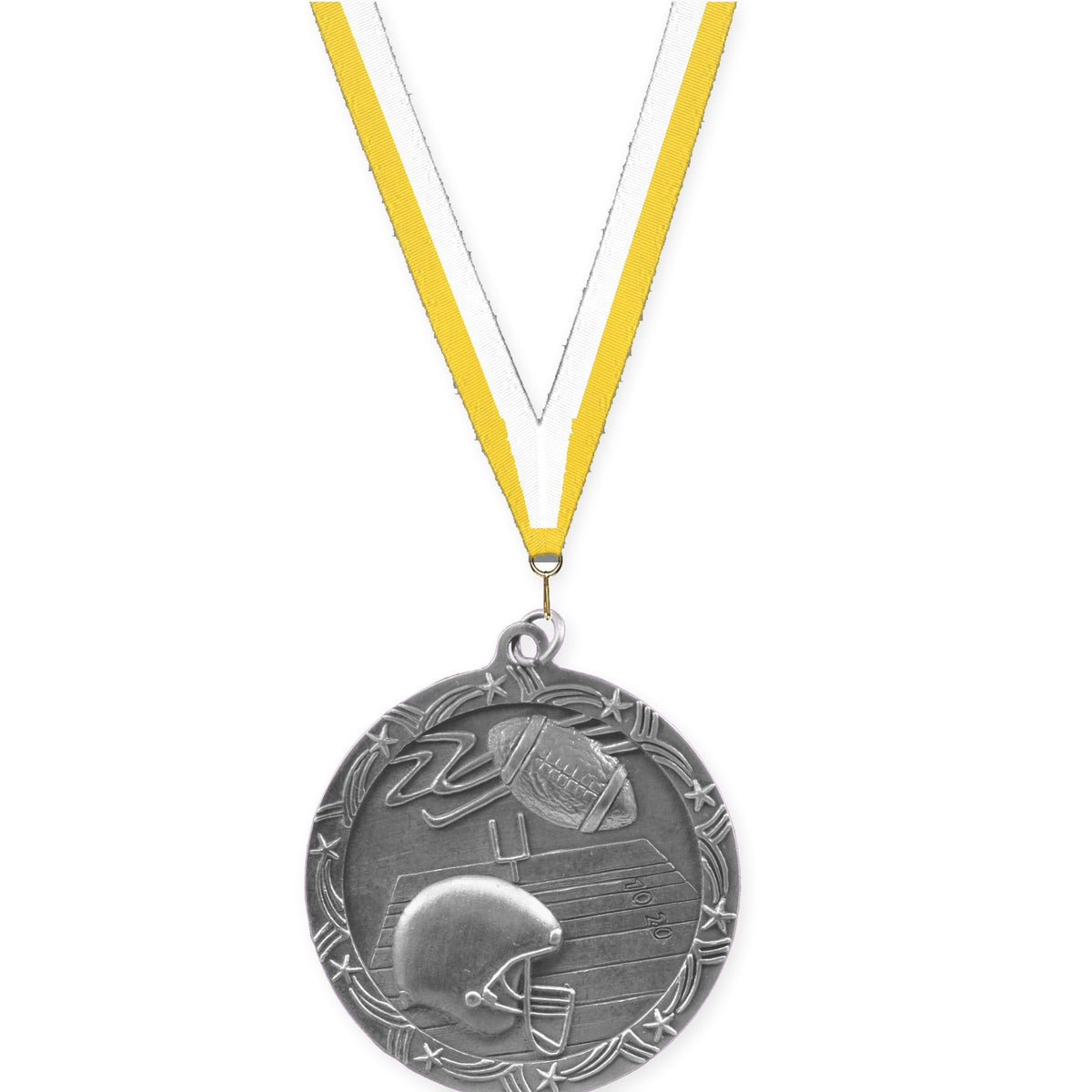 2 1/2 inch football Shooting Star medal in antique silver with Yellow White neck ribbon