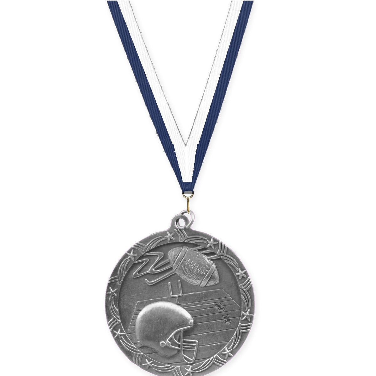 2 1/2 inch football Shooting Star medal in antique silver with Navy White neck ribbon