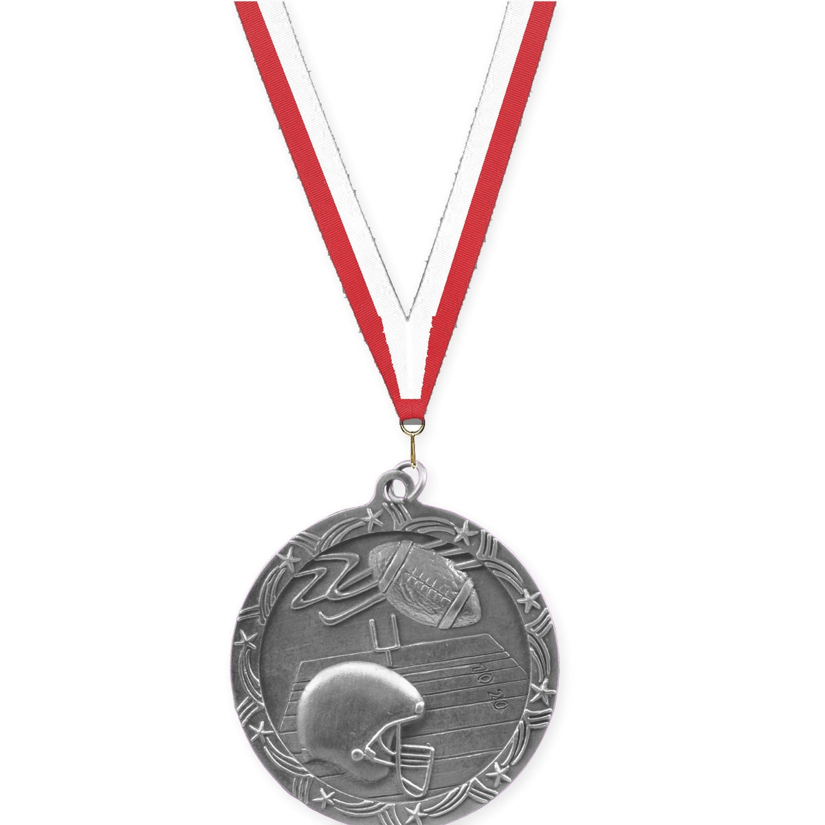 2 1/2 inch football Shooting Star medal in antique silver with Red White neck ribbon