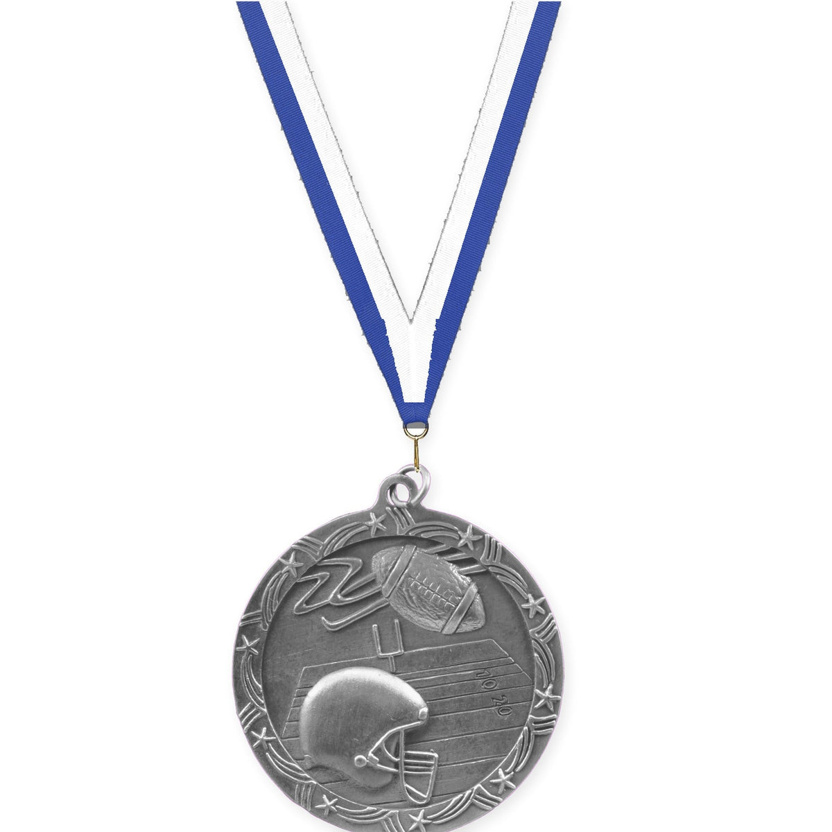 2 1/2 inch football Shooting Star medal in antique silver with Blue White neck ribbon