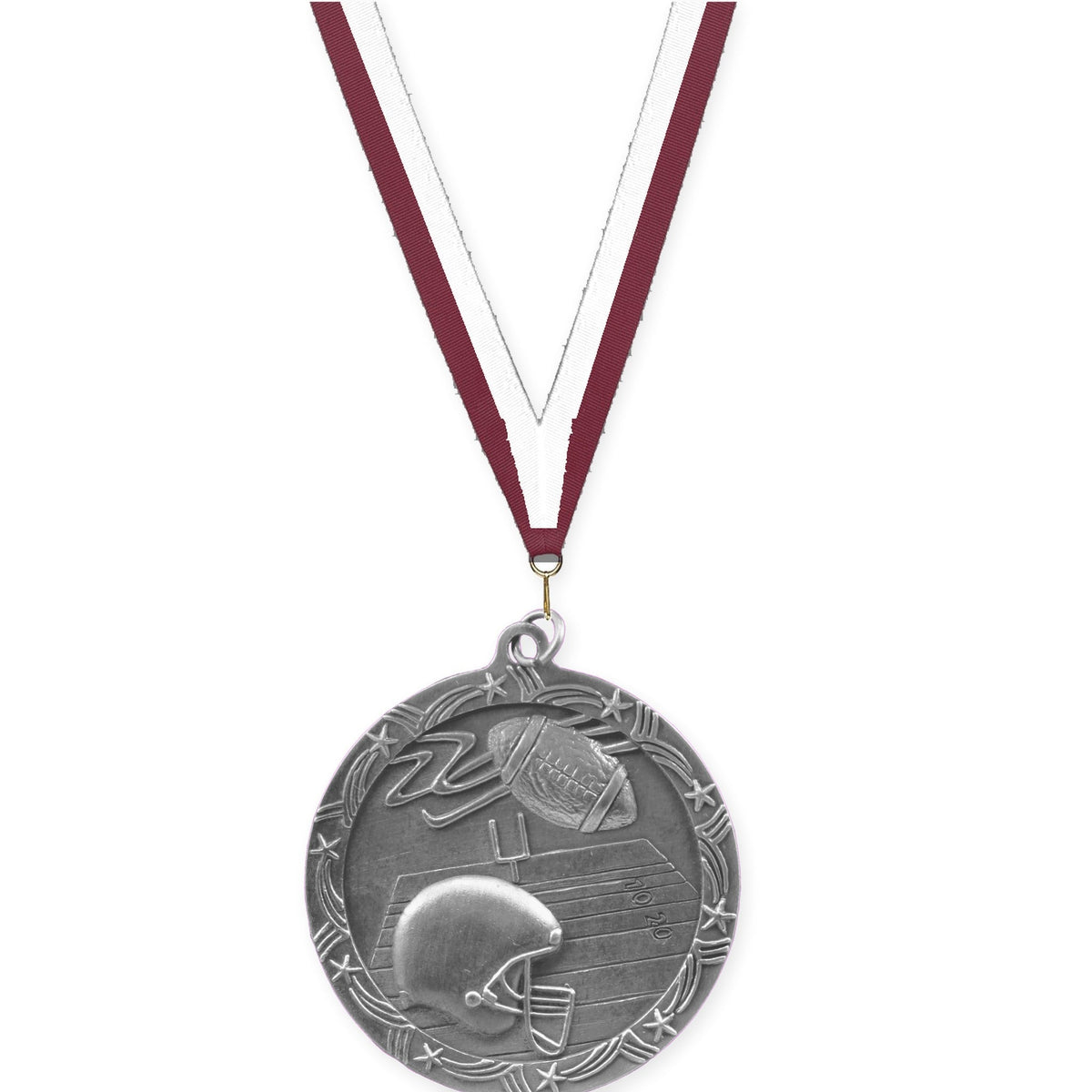 2 1/2 inch football Shooting Star medal in antique silver with Maroon White neck ribbon