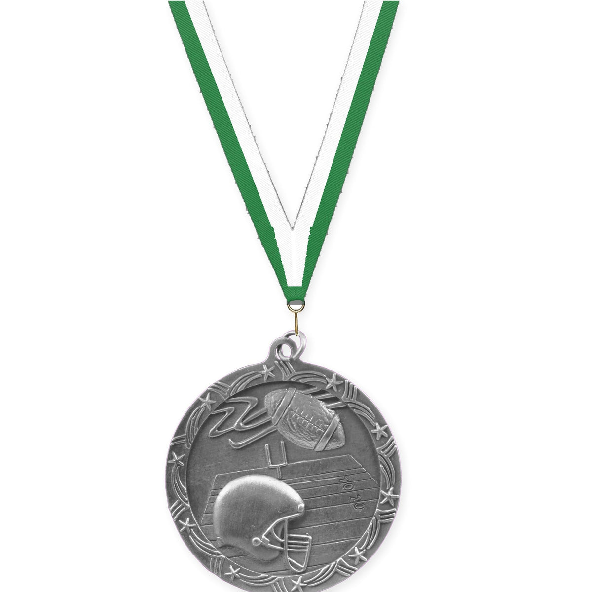 2 1/2 inch football Shooting Star medal in antique silver with Green White neck ribbon